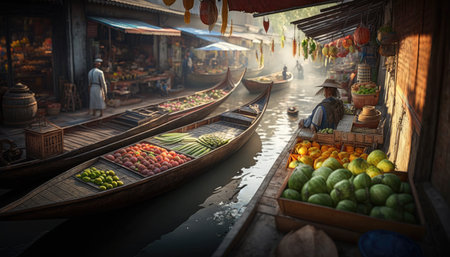 Floating market Bangkok Thailand created with generative AI technology. High quality illustrationの写真素材