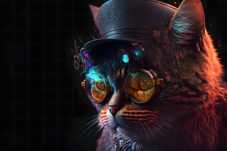Cyberpunk-style cat created with generative AI technology. High quality illustrationの写真素材