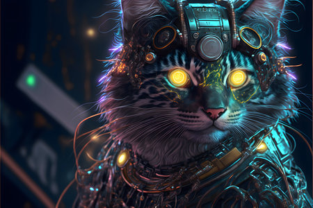 Cyberpunk-style cat created with generative AI technology. High quality illustrationの写真素材