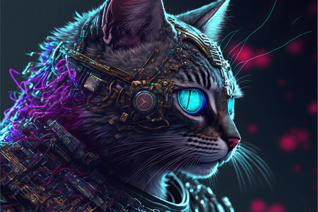 Cyberpunk-style cat created with generative AI technology. High quality illustrationの写真素材