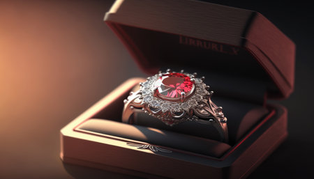 Luxury diamond and ruby ring in open gift box created with generative AI technology. High quality...