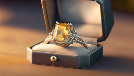 Luxury diamond and yellow sapphire ring in open gift box created with generative AI technology. High quality illustrationの写真素材