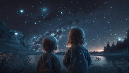 Children look at the starry sky at night created with generative AI technology. High quality photoの写真素材