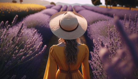 Woman in yellow dress walks between rows of flowering lavender generative AI technology. High quality illustrationの写真素材