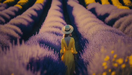 Woman in yellow dress walks between rows of flowering lavender generative AI technology. High quality illustrationの写真素材