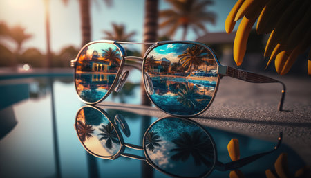 Sunglasses lying on the edge of the pool against the background of the sea and palm trees with a reflection in them, holiday concept created with generative AI technology. High quality illustrationの写真素材