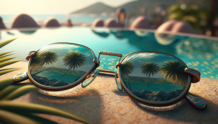 Sunglasses lying on the edge of the pool against the background of the sea and palm trees with a reflection in them, holiday concept created with generative AI technology. High quality illustrationの写真素材