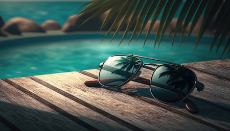 Sunglasses lying on the edge of the pool against the background of the sea and palm trees with a reflection in them, holiday concept created with generative AI technology. High quality illustrationの写真素材