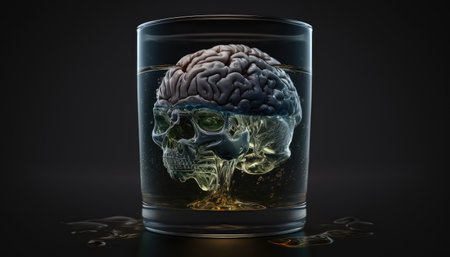 Brain in a glass of alcohol, the concept of harm to alcohol and alcohol dependence created with generative AI technology. High quality illustrationの写真素材