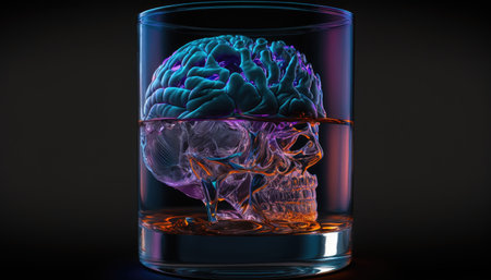 Brain in a glass of alcohol, the concept of harm to alcohol and alcohol dependence created with generative AI technology. High quality illustrationの写真素材