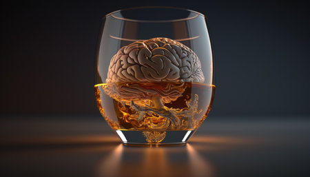 Brain in a glass of alcohol, the concept of harm to alcohol and alcohol dependence created with generative AI technology. High quality illustrationの写真素材