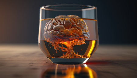 Brain in a glass of alcohol, the concept of harm to alcohol and alcohol dependence created with generative AI technology. High quality illustrationの写真素材