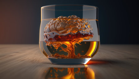 Brain in a glass of alcohol, the concept of harm to alcohol and alcohol dependence created with generative AI technology. High quality illustrationの写真素材