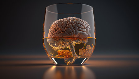 Brain in a glass of alcohol, the concept of harm to alcohol and alcohol dependence created with generative AI technology. High quality illustrationの写真素材