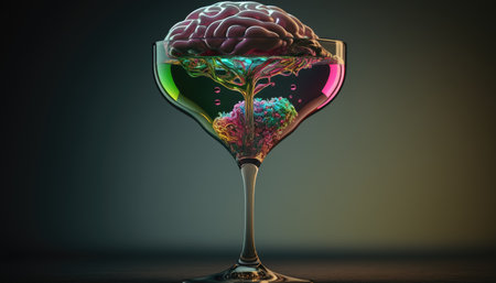Brain in a glass of alcohol, the concept of harm to alcohol and alcohol dependence created with generative AI technology. High quality illustrationの写真素材