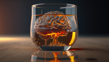Brain in a glass of alcohol, the concept of harm to alcohol and alcohol dependence created with generative AI technology. High quality illustrationの写真素材