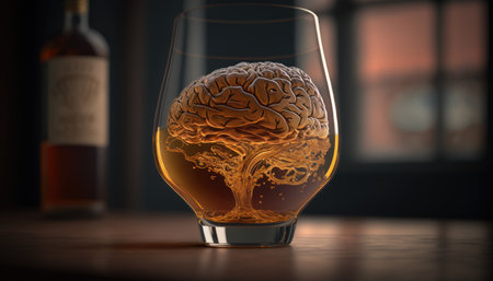 Brain in a glass of alcohol, the concept of harm to alcohol and alcohol dependence created with generative AI technology. High quality illustrationの写真素材