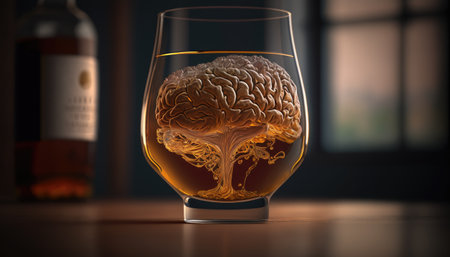 Brain in a glass of alcohol, the concept of harm to alcohol and alcohol dependence created with generative AI technology. High quality illustrationの写真素材