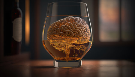 Brain in a glass of alcohol, the concept of harm to alcohol and alcohol dependence created with generative AI technology. High quality illustrationの写真素材