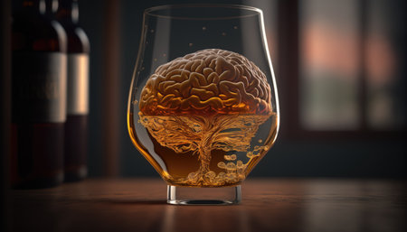 Brain in a glass of alcohol, the concept of harm to alcohol and alcohol dependence created with generative AI technology. High quality illustrationの写真素材