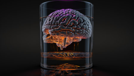 Brain in a glass of alcohol, the concept of harm to alcohol and alcohol dependence created with generative AI technology. High quality illustrationの写真素材