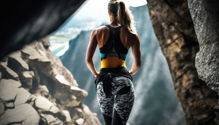 Female climber prepares to climb created with generative AI technology. High quality illustrationの写真素材