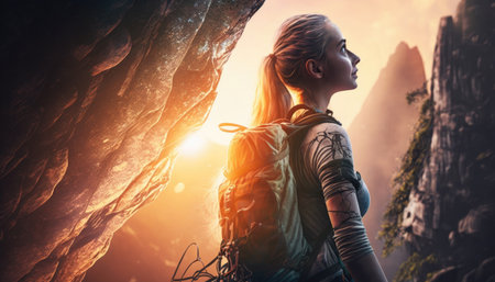 Female climber prepares to climb created with generative AI technology. High quality illustrationの写真素材