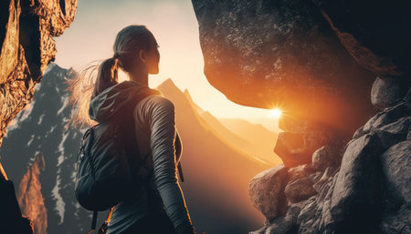 Female climber prepares to climb created with generative AI technology. High quality illustrationの写真素材