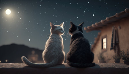 Two cat lovers sit on the roof at night created with generative AI technology. High quality illustrationの写真素材