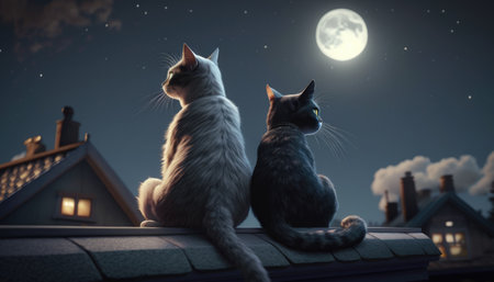 Two cat lovers sit on the roof at night created with generative AI technology. High quality illustrationの写真素材