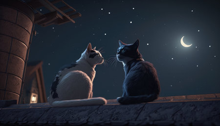 Two cat lovers sit on the roof at night created with generative AI technology. High quality illustrationの写真素材
