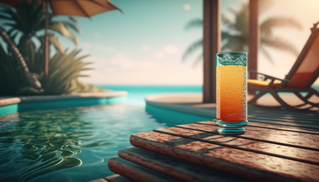 Cocktail on the edge of the pool overlooking the sea, luxury holiday concept created with generative AI technology. High quality illustrationの写真素材
