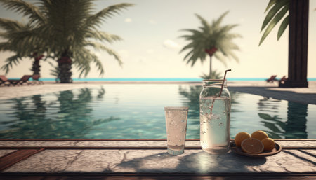 Cocktail on the edge of the pool overlooking the sea, luxury holiday concept created with generative AI technology. High quality illustrationの写真素材
