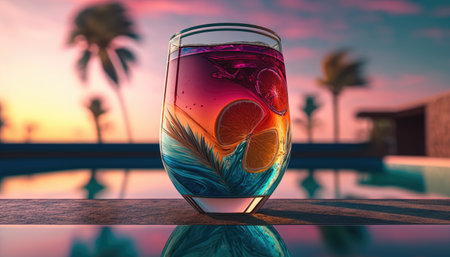 Cocktail on the edge of the pool overlooking the sea, luxury holiday concept created with generative AI technology. High quality illustrationの写真素材