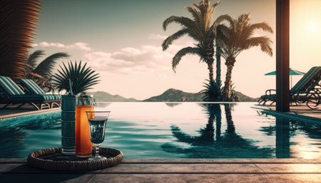 Cocktail on the edge of the pool overlooking the sea, luxury holiday concept created with generative AI technology. High quality illustrationの写真素材