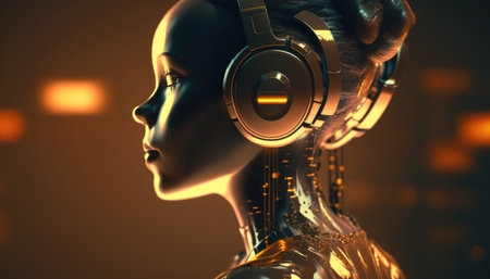 Futuristic Portrait of Cyborg Woman in Golden Armor wearing headphones created with generative AI technology. High quality illustrationの写真素材