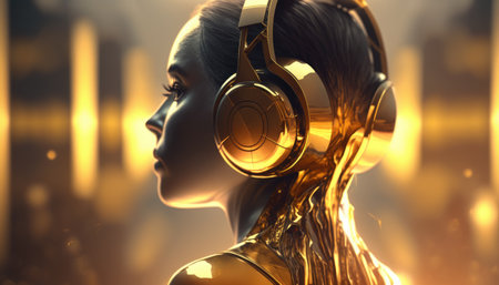 Futuristic Portrait of Cyborg Woman in Golden Armor wearing headphones created with generative AI technology. High quality illustrationの写真素材