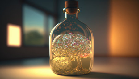 Brain in a bottle of alcohol, the concept of harm to alcohol and alcohol dependence created with generative AI technology. High quality illustrationの写真素材