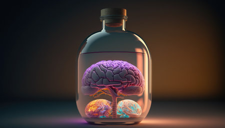 Brain in a bottle of alcohol, the concept of harm to alcohol and alcohol dependence created with generative AI technology. High quality illustrationの写真素材