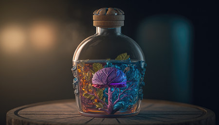 Brain in a bottle of alcohol, the concept of harm to alcohol and alcohol dependence created with generative AI technology. High quality illustrationの写真素材