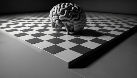Brain above over a chessboard, concept of developing thinking through playing chess created with generative AI technology. High quality illustrationの写真素材