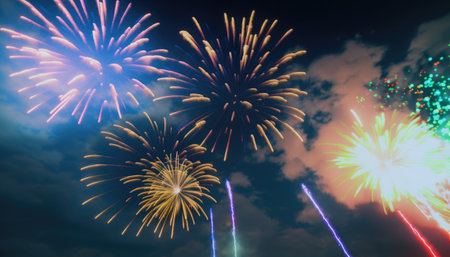 Beautiful colorful fireworks on sky created with generative AI technology. High quality illustrationの写真素材