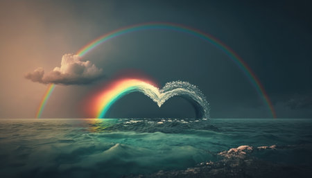Heart shaped rainbow over the sea created with generative AI technology. High quality illustrationの写真素材
