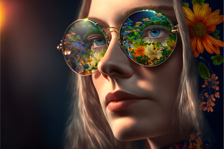 Happy hippie girl with a reflection of flowers in her sunglasses created with generative AI technology. High quality illustrationの写真素材
