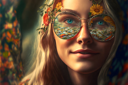 Happy hippie girl with a reflection of flowers in her sunglasses created with generative AI technology. High quality illustrationの写真素材