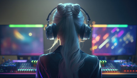 Woman DJ view from behind created with generative AI technology. High quality illustrationの写真素材