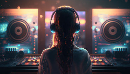 Woman DJ view from behind created with generative AI technology. High quality illustrationの写真素材