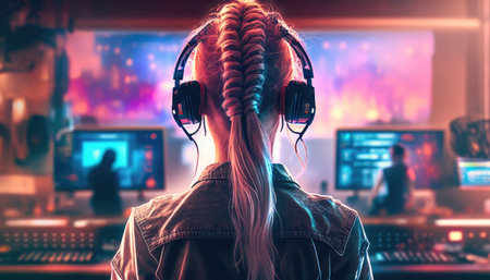 Woman DJ view from behind created with generative AI technology. High quality illustrationの写真素材