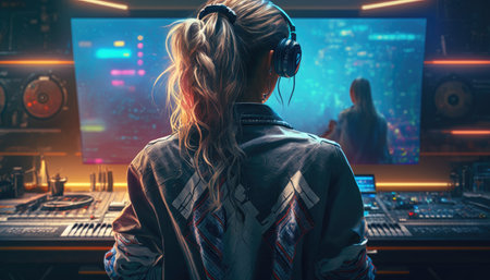 Woman DJ view from behind created with generative AI technology. High quality illustrationの写真素材
