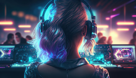 Woman DJ view from behind created with generative AI technology. High quality illustrationの写真素材